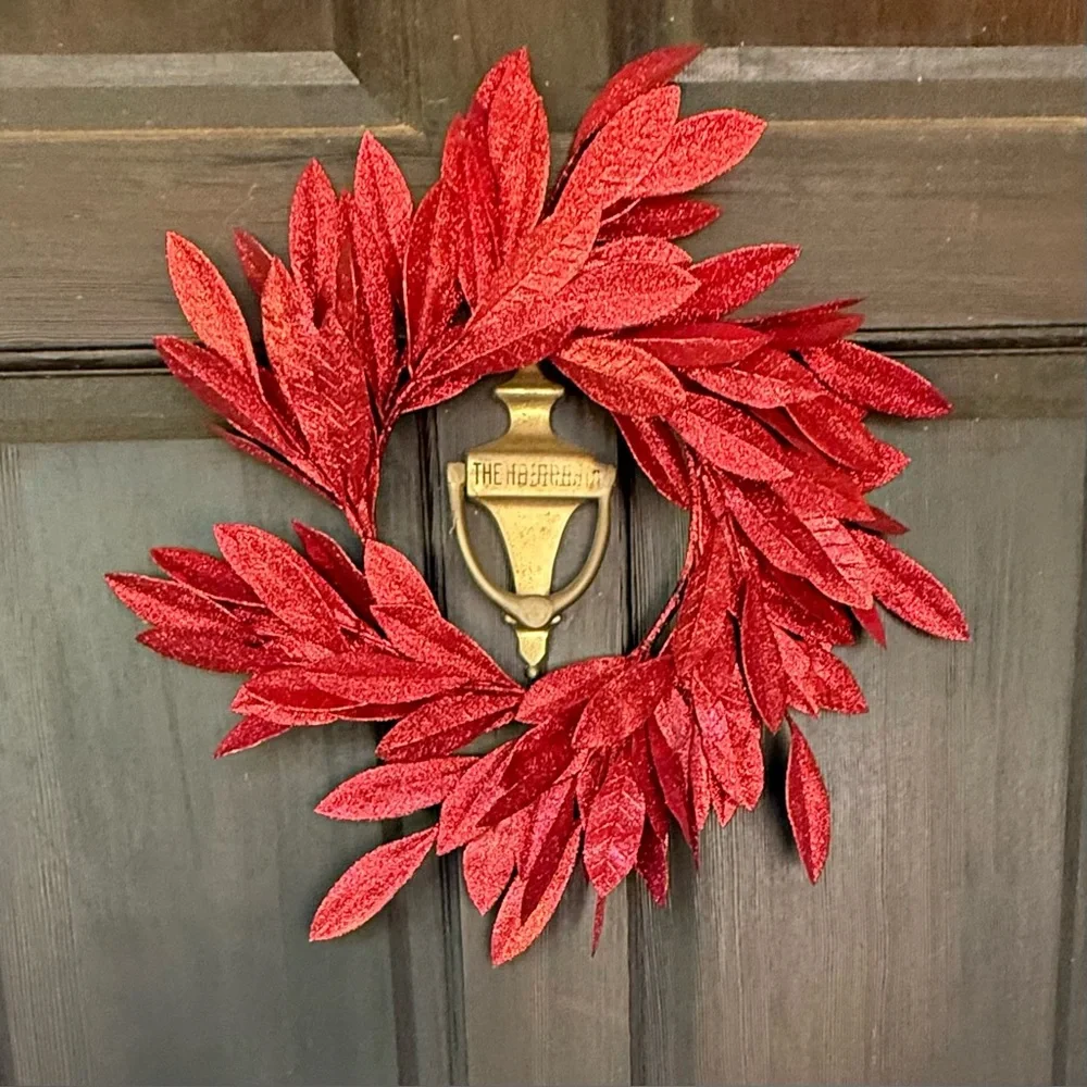 Wreath of Artificial Red Glitter Bay Leaves 18” at Widest Point